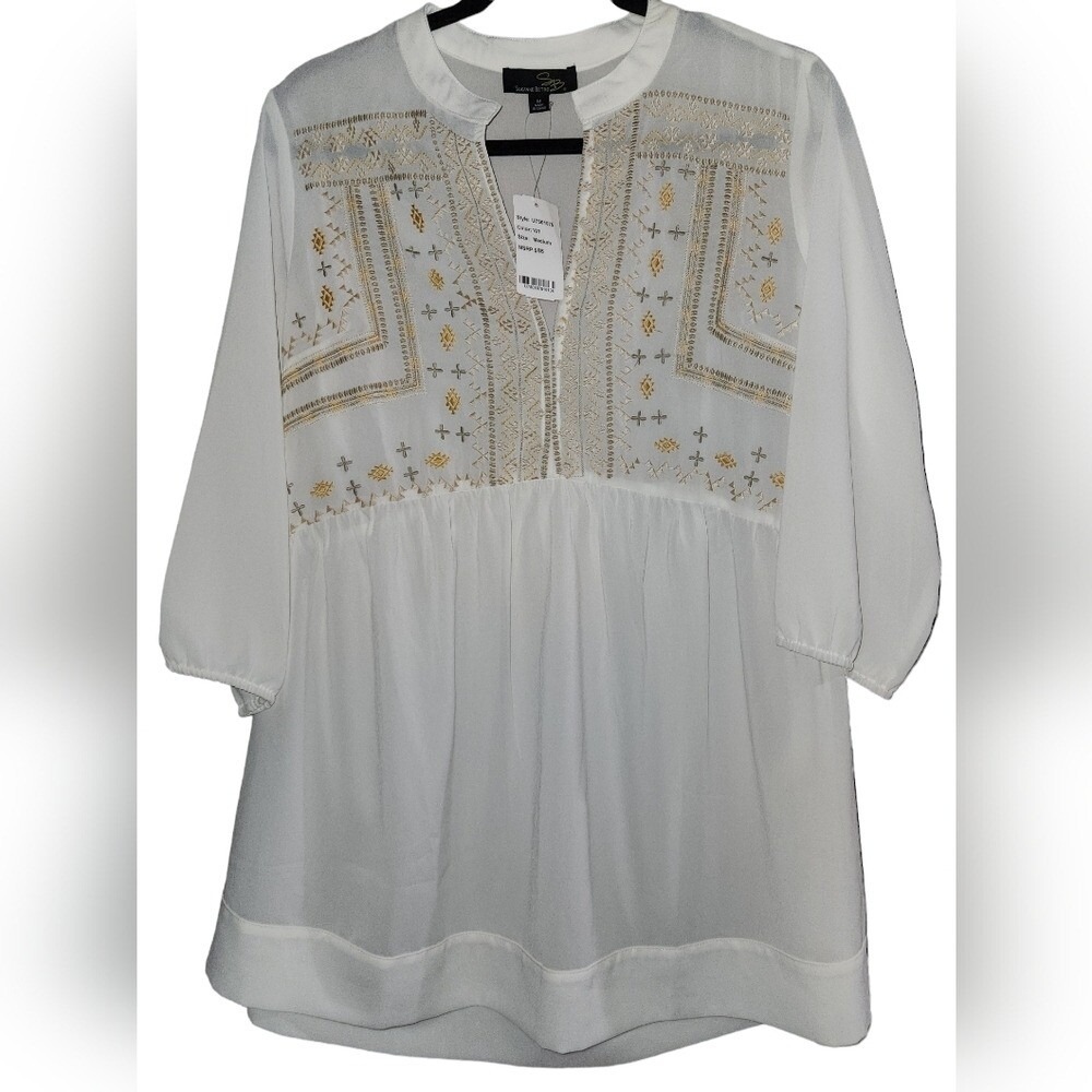 Suzanne‎ Betro Cream Embroidered Peasant Blouse Mandarin Collar 3/4 Sleeve Top